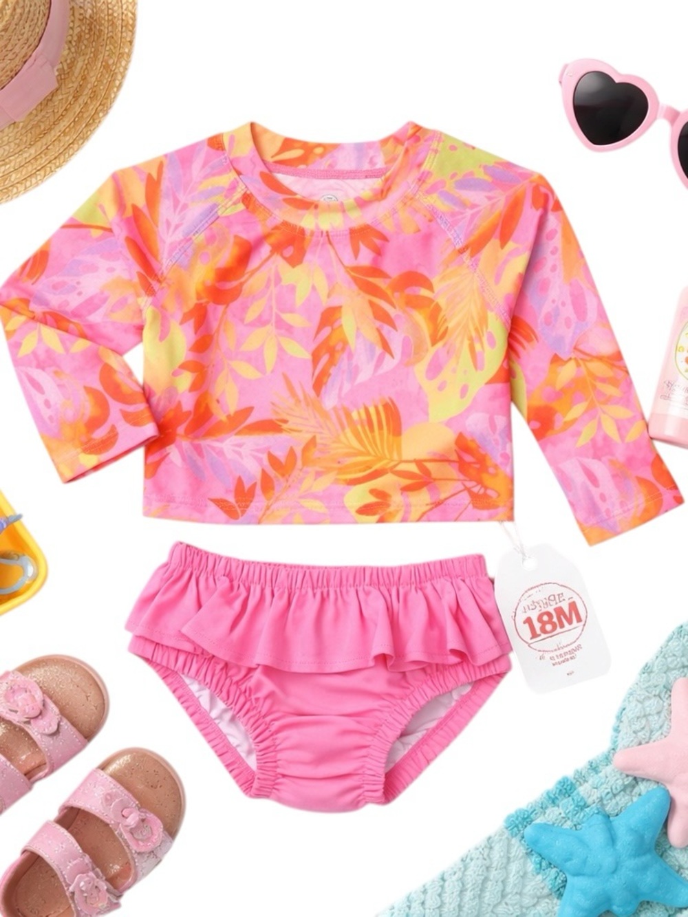 Wonder Nation Tropical Rash Guard Swimsuit Ruffle Baby Girl NWT Pink 2 Piece Set